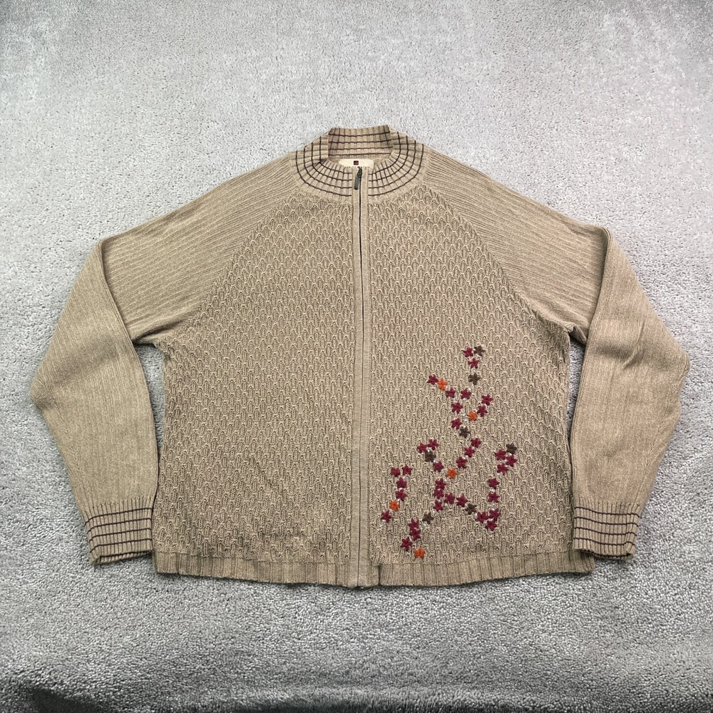 Woolrich Sweater Womens XL Tan Full Zip Embroidered Flowers Cottagecore Grandma